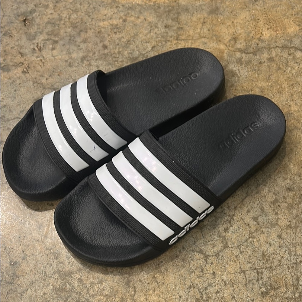 Adidas Black and White Striped Slides